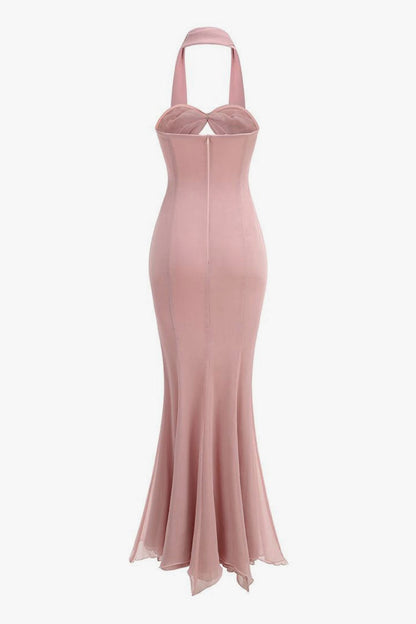 Sexy Scarf Ruched Cutout Chiffon Godet Fishtail Tube Evening Maxi Dress