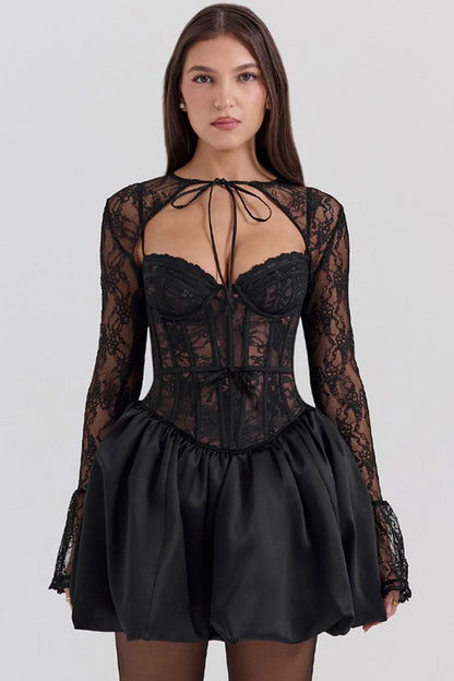 Sexy Sheer Lace Shrug Bustier Corset Satin Spliced Bubble Party Mini Dress
