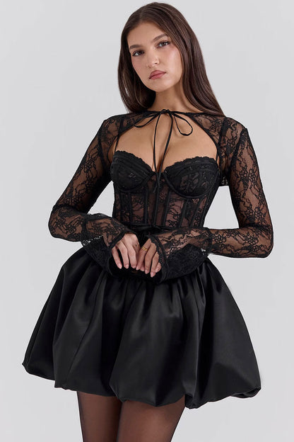 Sexy Sheer Lace Shrug Bustier Corset Satin Spliced Bubble Party Mini Dress