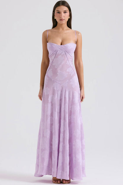 Sexy Spaghetti Strap Lace Up Sheer Jacquard Floral Evening Maxi Slip Dress