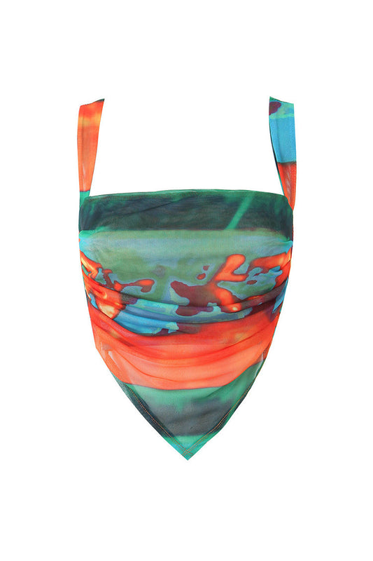Sexy Tie Dye Cowl Neck Bow Tie Back Sheer Mesh Scarf Crop Tank Top