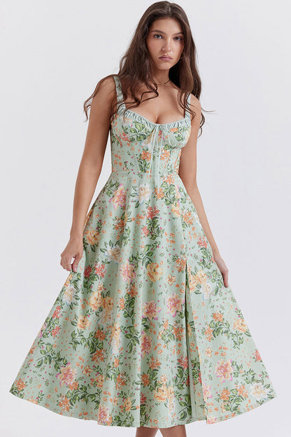Sexy Tie Neck High Split Floral Printed Summer Midi Sundress - Green