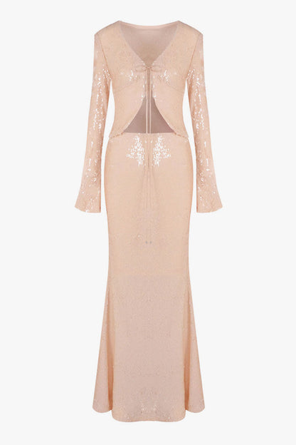 Shimmering Sequin Tie Front Jacket Fishtail Maxi Skirt Matching Set