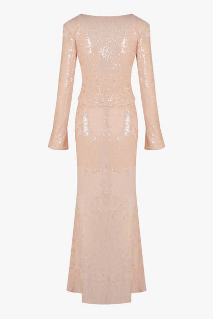 Shimmering Sequin Tie Front Jacket Fishtail Maxi Skirt Matching Set