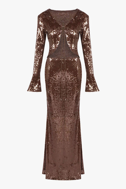 Shimmering Sequin Tie Front Jacket Fishtail Maxi Skirt Matching Set