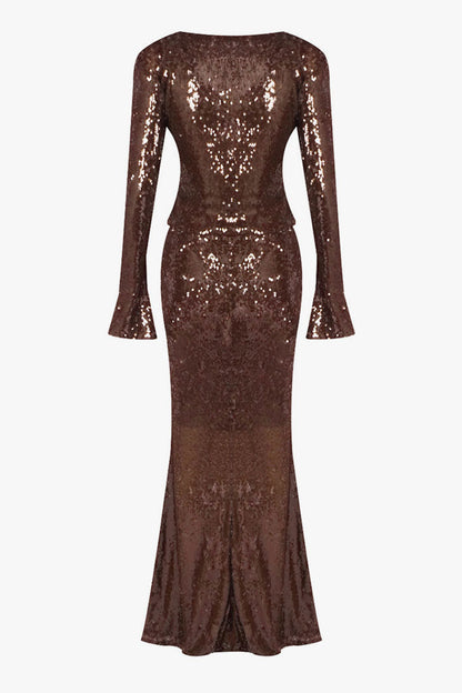 Shimmering Sequin Tie Front Jacket Fishtail Maxi Skirt Matching Set