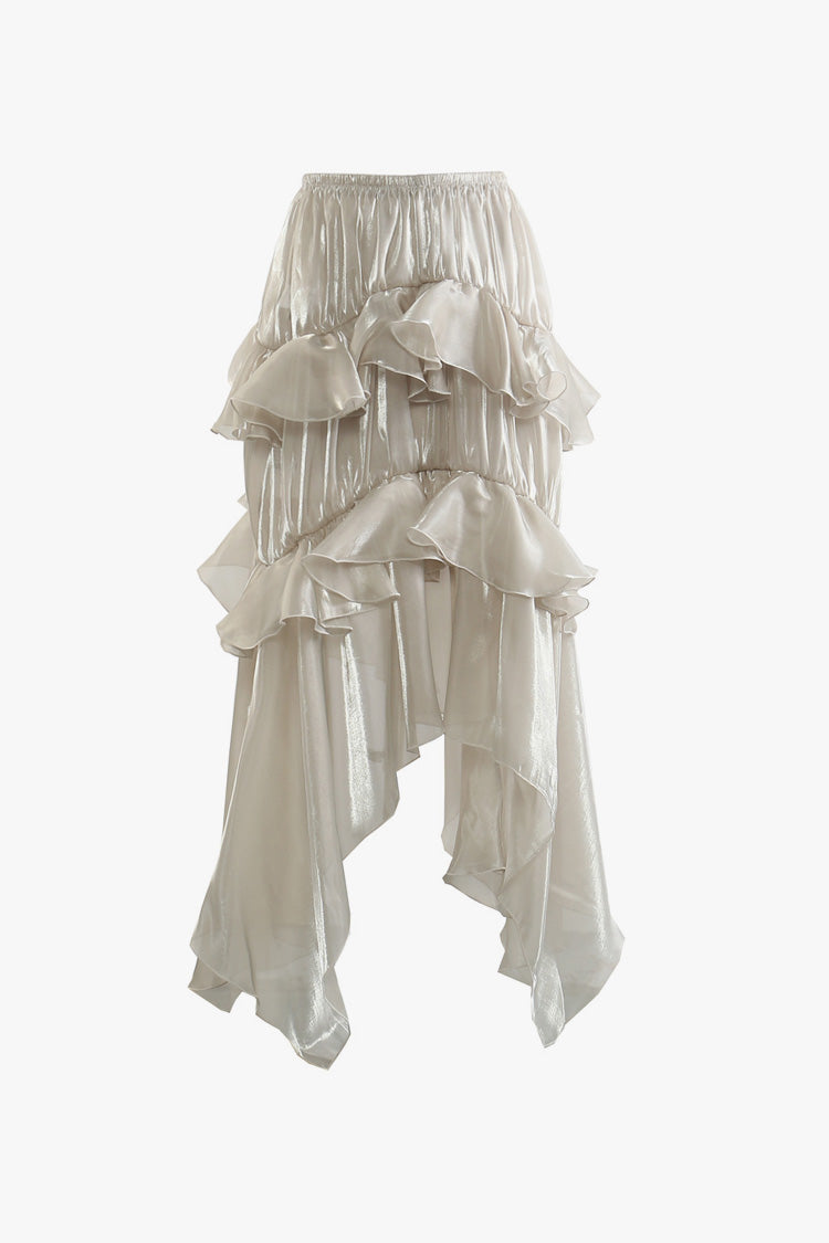 Silky High Waist Ruched Layered Ruffle Draped Asymmetric Midi Skirt
