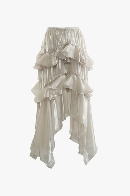 Silky High Waist Ruched Layered Ruffle Draped Asymmetric Midi Skirt