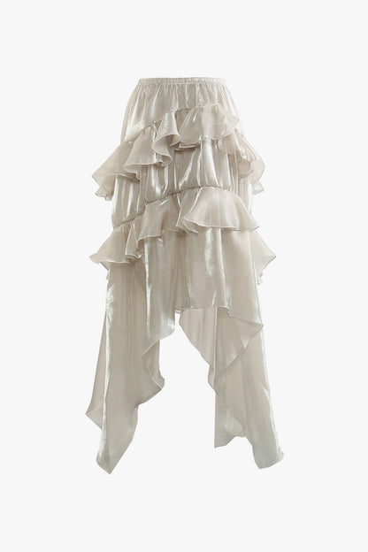 Silky High Waist Ruched Layered Ruffle Draped Asymmetric Midi Skirt