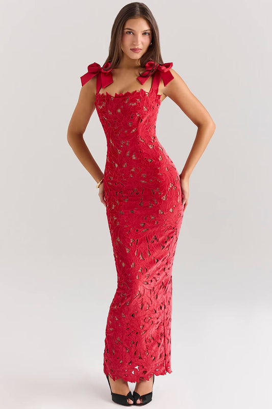 Silky Satin Bow Trim Sleeveless Bodycon Guipure Lace Evening Maxi Dress