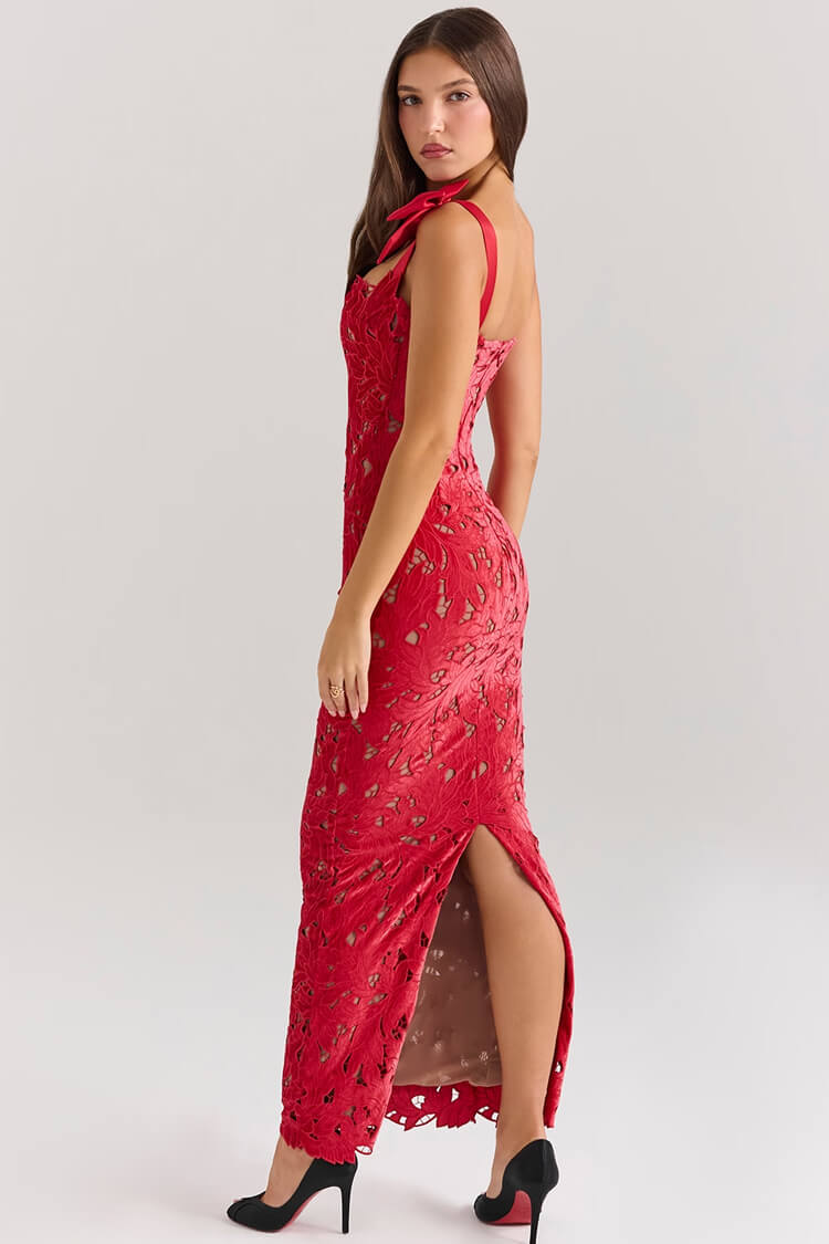 Silky Satin Bow Trim Sleeveless Bodycon Guipure Lace Evening Maxi Dress