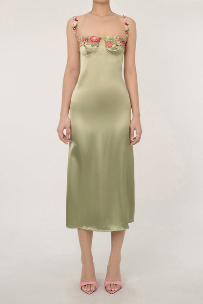 Silky Satin Floral Embroidered Bustier Spaghetti Strap Slip Midi Sundress