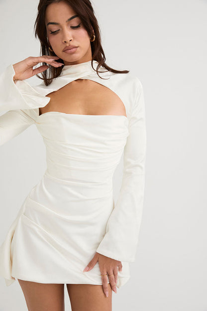 Silky Gathered High Neck Long Sleeve Cutout Party Mini Dress - White