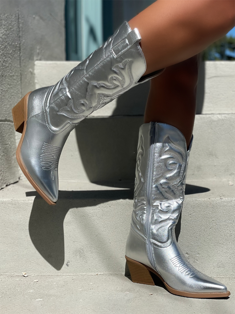 Metallic PU Leather Cowboy Boots