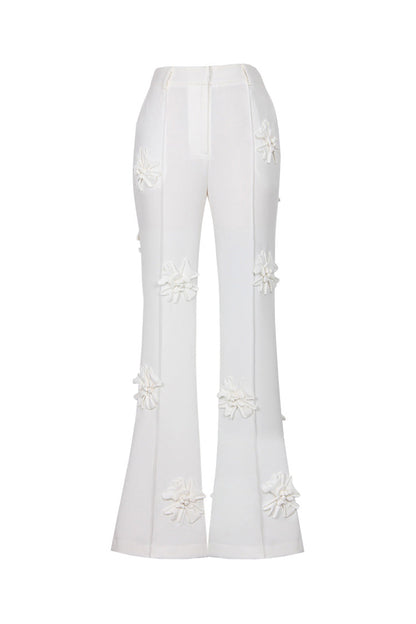 Smart Monochrome Rosette Appliqué High Waisted Flare Leg Tailored Pants
