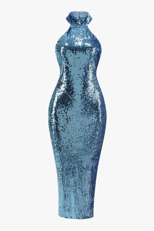 Sparkling High Neck Sleeveless Split Bodycon Sequin Maxi Evening Dress