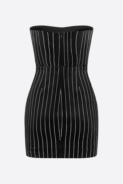 Sparkly Contrast Rhinestone Stripe Strapless Bodycon Party Mini Dress