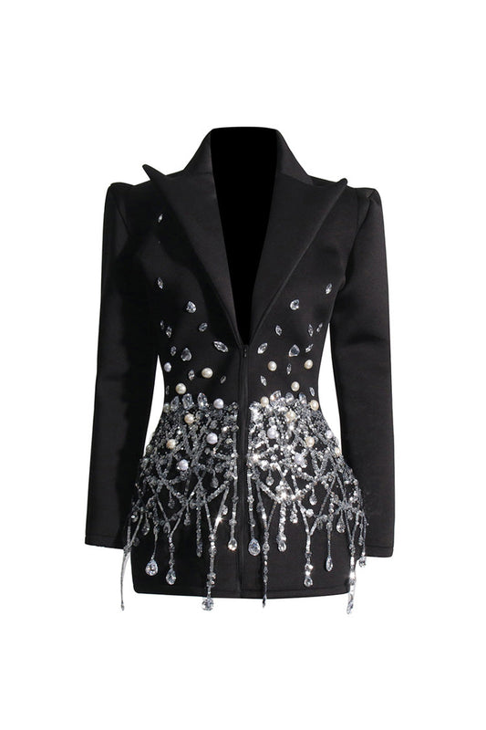 Sparkly Crystal Sequin Fringe Peak Lapel Zip Up Cinched Waist Party Blazer Mini Dress