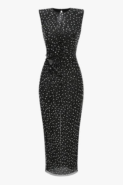 Sparkly Rhinestone Crew Neck Padded Sleeveless Mesh Formal Maxi Dress