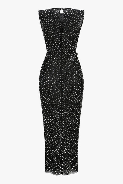 Sparkly Rhinestone Crew Neck Padded Sleeveless Mesh Formal Maxi Dress