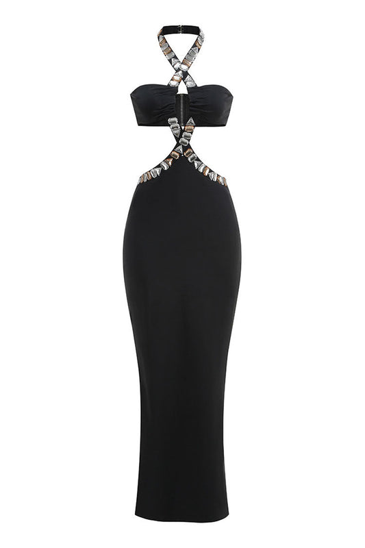 Sparkly Rhinestone Halter Cutout Bra Split Sheath Jersey Evening Maxi Dress