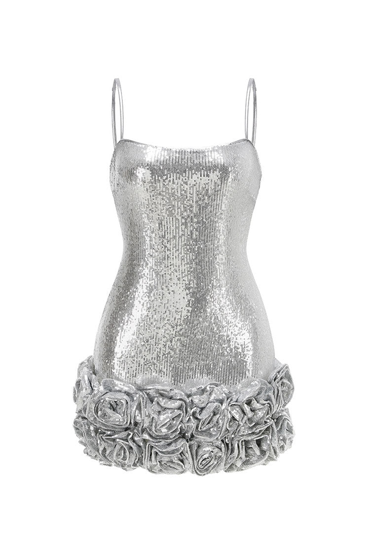 Sparkly Rosette Spaghetti Strap Sleeveless Bodycon Sequin Party Mini Dress