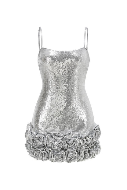 Sparkly Rosette Spaghetti Strap Sleeveless Bodycon Sequin Party Mini Dress