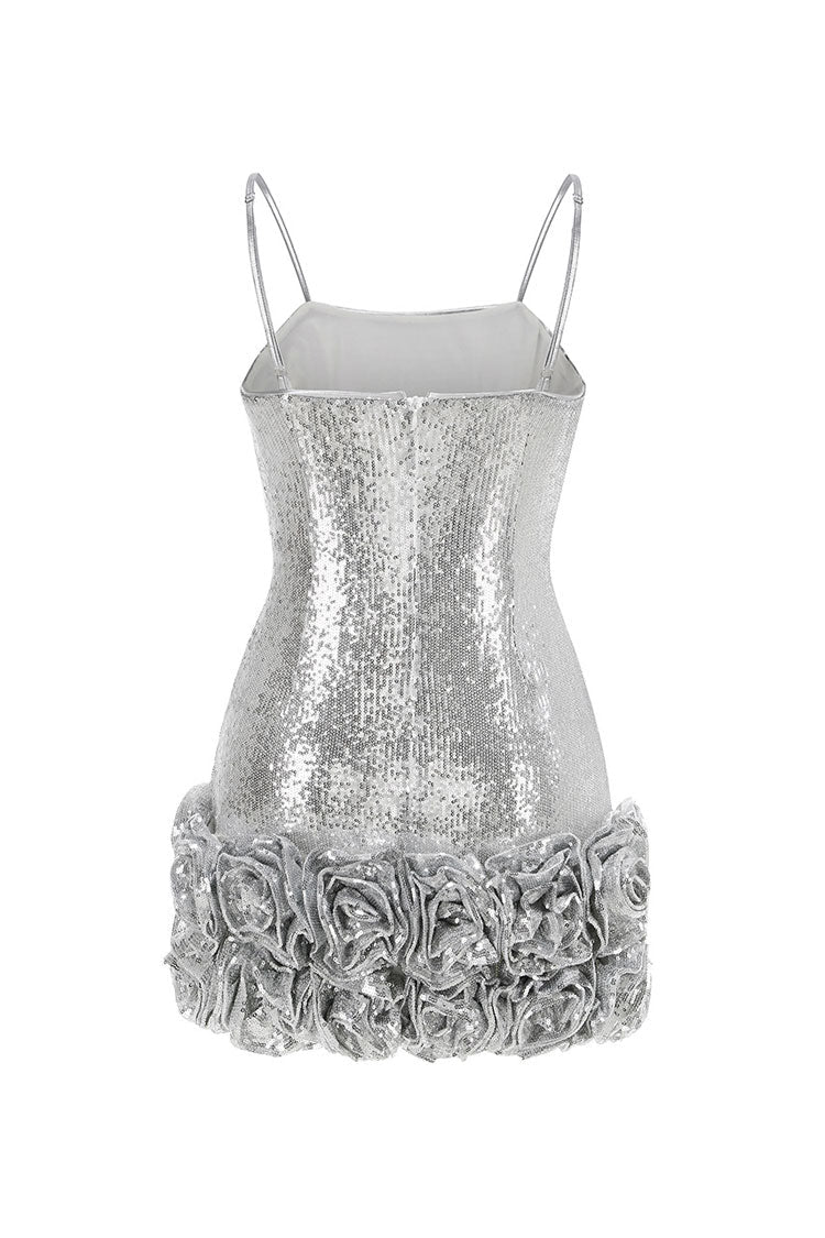 Sparkly Rosette Spaghetti Strap Sleeveless Bodycon Sequin Party Mini Dress