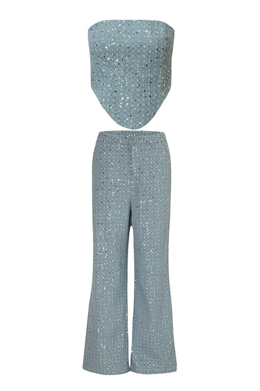 Sparkly Sequin Crop Tube Top High Waist Two Piece Ripped Denim Jumpsuit