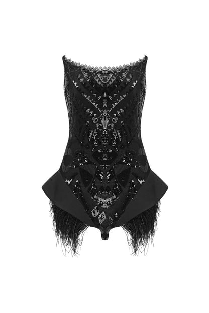 Sparkly Sequin Embroidered Lace Strapless Feather Trim Peplum Bodysuit