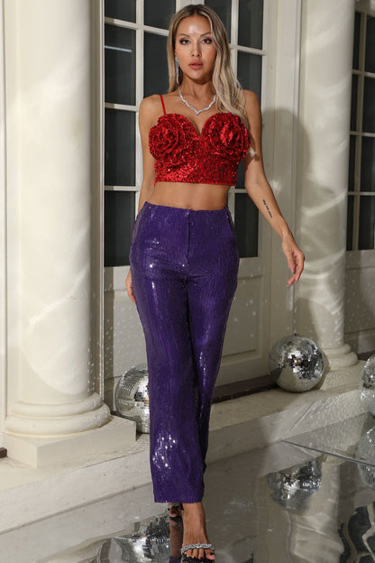 Sparkly Sequin Rosette Crop Top High Rise Zip Up Two Piece Party Pant Set
