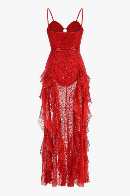 Sparkly Sequin Sleeveless Bustier Bodysuit Split Ruffle Evening Maxi Dress