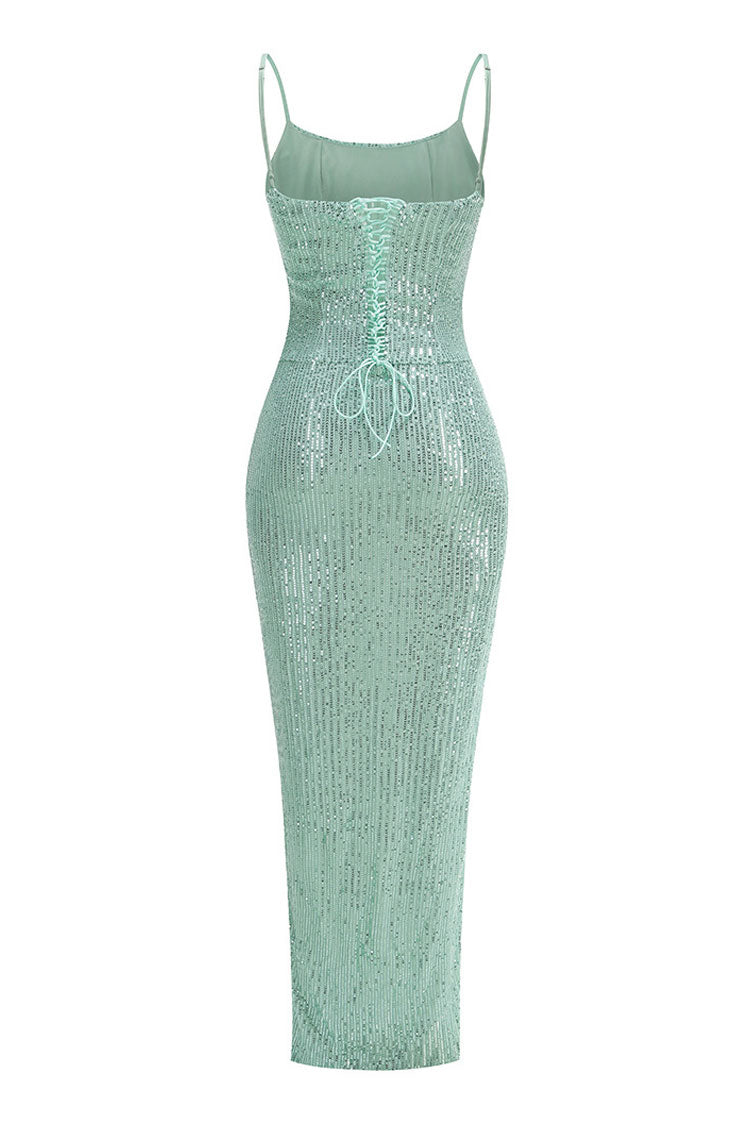 Sparkly Sequin Spaghetti Strap Lace Up Twisted Ruched Split Evening Maxi Dress