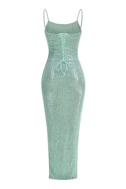Sparkly Sequin Spaghetti Strap Lace Up Twisted Ruched Split Evening Maxi Dress