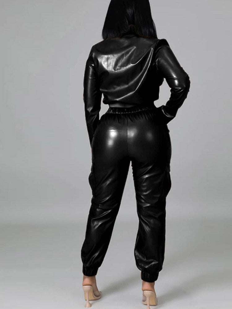 Leather Crop Jacket And Pants Set