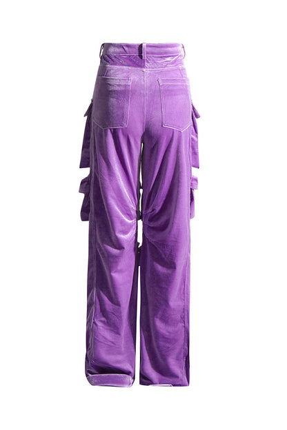 Street Style Solid Color Cargo Pocket Low Rise Wide Leg Velvet Pants