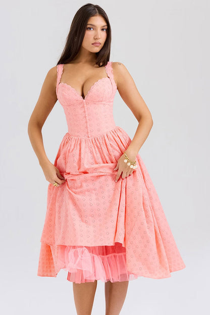 Summer Broderie Anglaise Bustier Tulle Gathered Vacation Midi Sundress