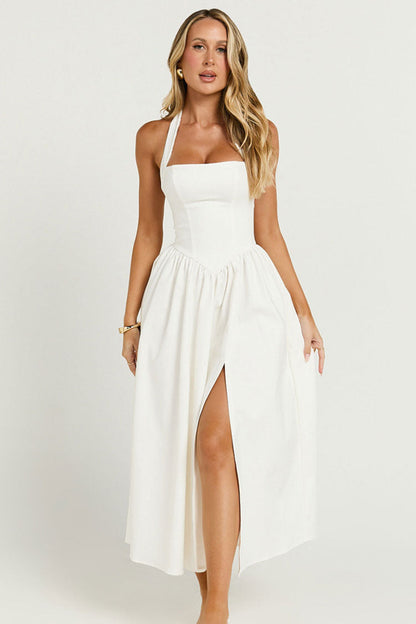 Trendy Halter Sleeveless Drop Waist Fit & Flare Split Vacation Midi Sundress