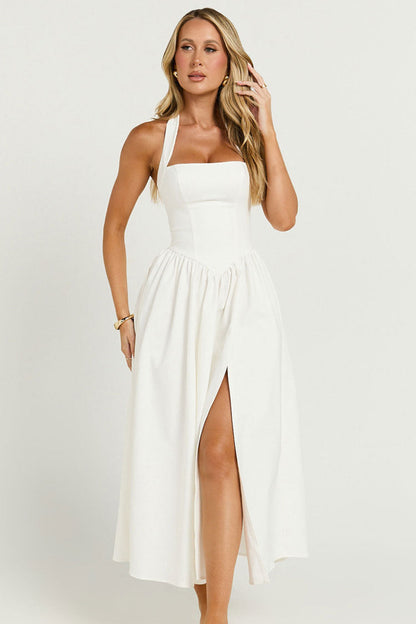 Trendy Halter Sleeveless Drop Waist Fit & Flare Split Vacation Midi Sundress