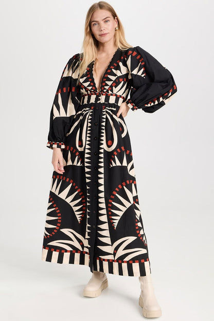Tribal Geometric Print Deep V Blouson Sleeve Button Up Vacation Maxi Dress
