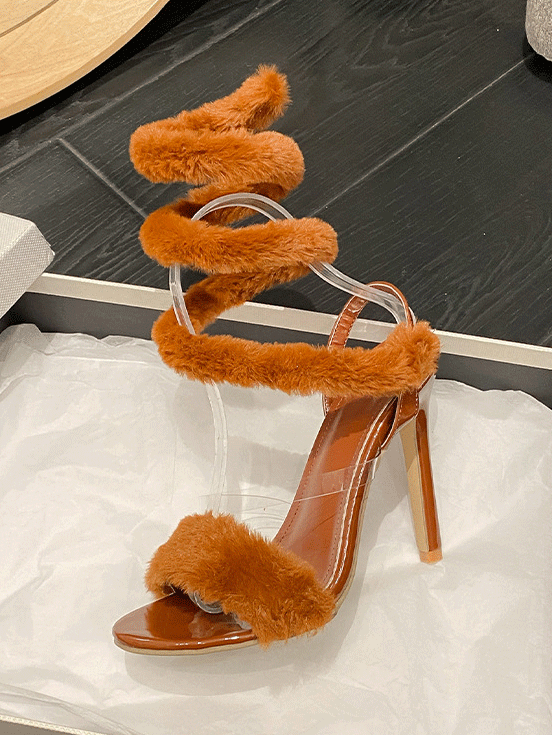 Fluffy Strap Stiletto Heel Sandals