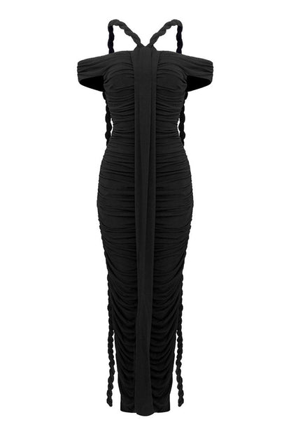 Unique Draped Rope Off Shoulder Ruched Bodycon Jersey Evening Maxi Dress