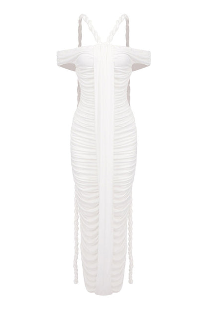 Unique Draped Rope Off Shoulder Ruched Bodycon Jersey Evening Maxi Dress
