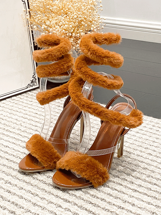 Fluffy Strap Stiletto Heel Sandals