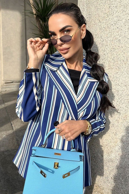 Vertical Stripe Lapel Blazer High Waist Flared Pant Two Piece Blazer Set