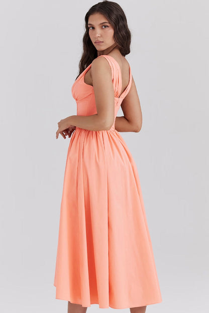 Vibrant Bow Tie Deep V Ruched Drop Waist Pocketed Corset Midi Sundress