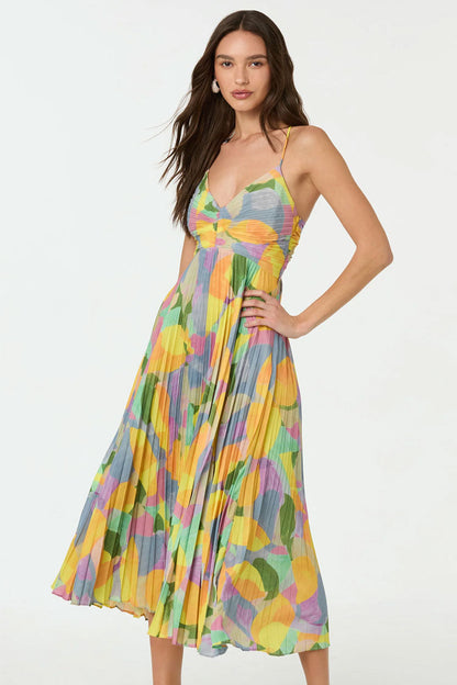 Vibrant Print V Neck Cutout Tie Back Fit Flare Pleated Vacation Midi Sundress