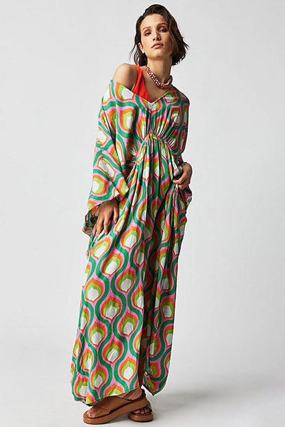 Vibrant Print V Neck Dolman Sleeve Oversized Beach Vacation Maxi Dress