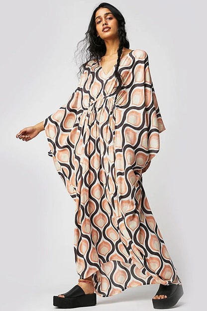Vibrant Print V Neck Dolman Sleeve Oversized Beach Vacation Maxi Dress