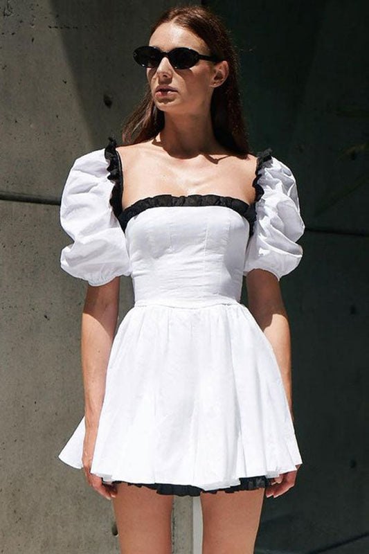 Vintage Bicolor Ruffled Square Neck Puff Sleeve Fit & Flare Summer Mini Dress - White